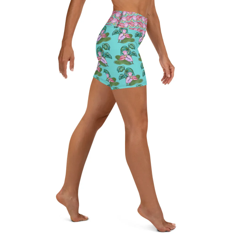 Women's Yoga Shorts: Tropical Anthirium & Hawaiian Healing Plants in Teal