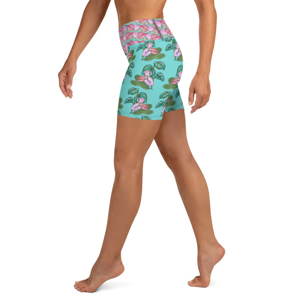 Women's Yoga Shorts: Tropical Anthirium & Hawaiian Healing Plants in Teal