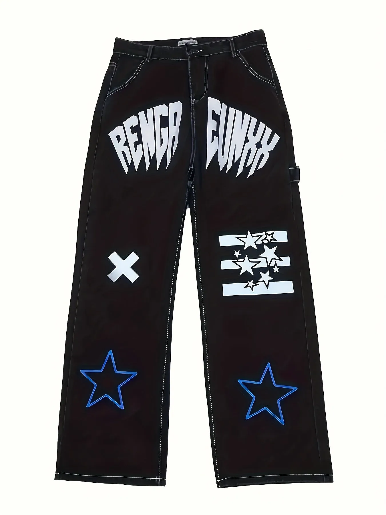 xieyinshe  Letter Print Hip Hop Style Baggy Jeans, Men's Kpop Casual Vintage Street Style Denim Pants
