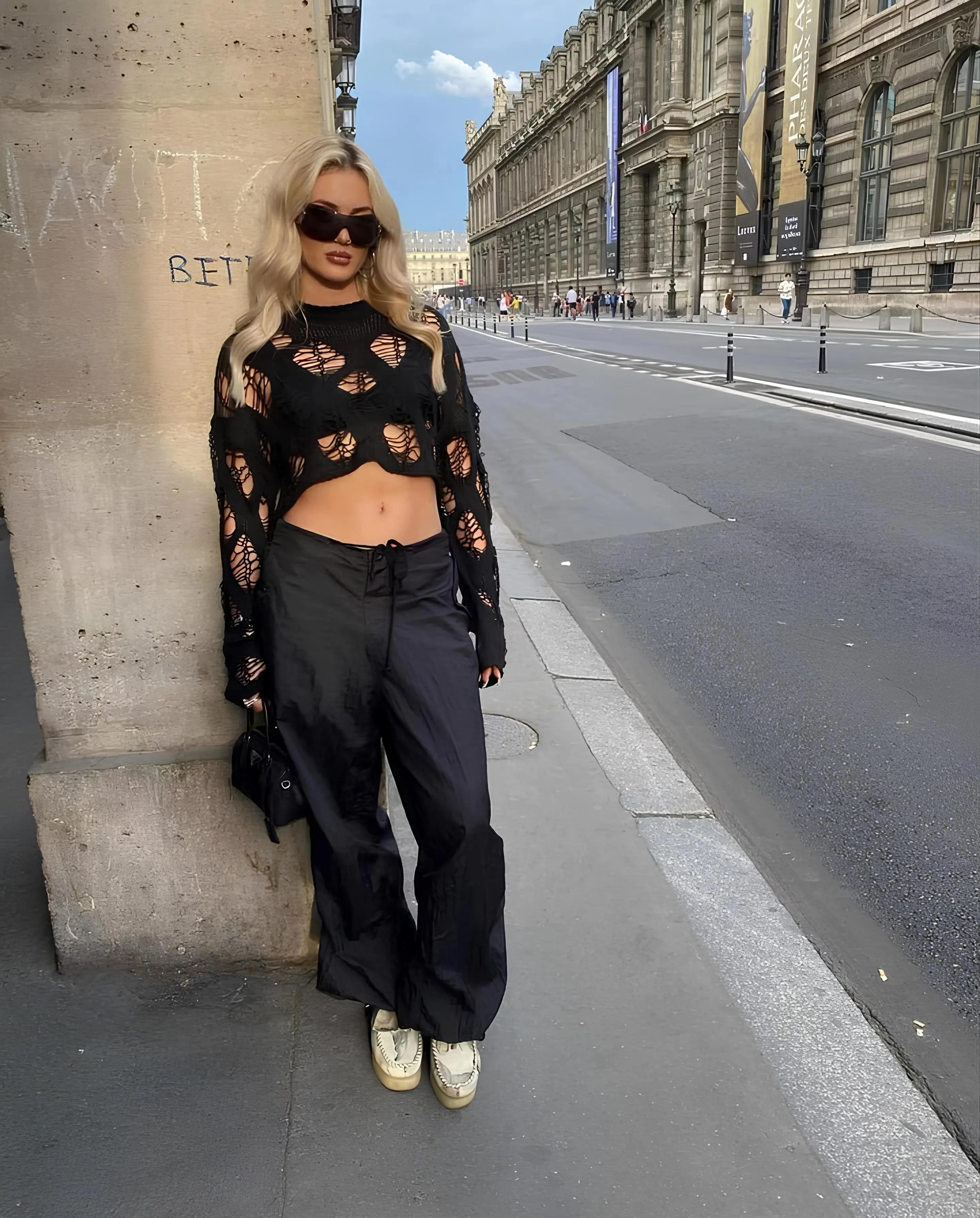 Y2K Rave Hollow Out Crochet Crop Top - Sexy & Trendy Long Sleeve T-Shirt for Women
