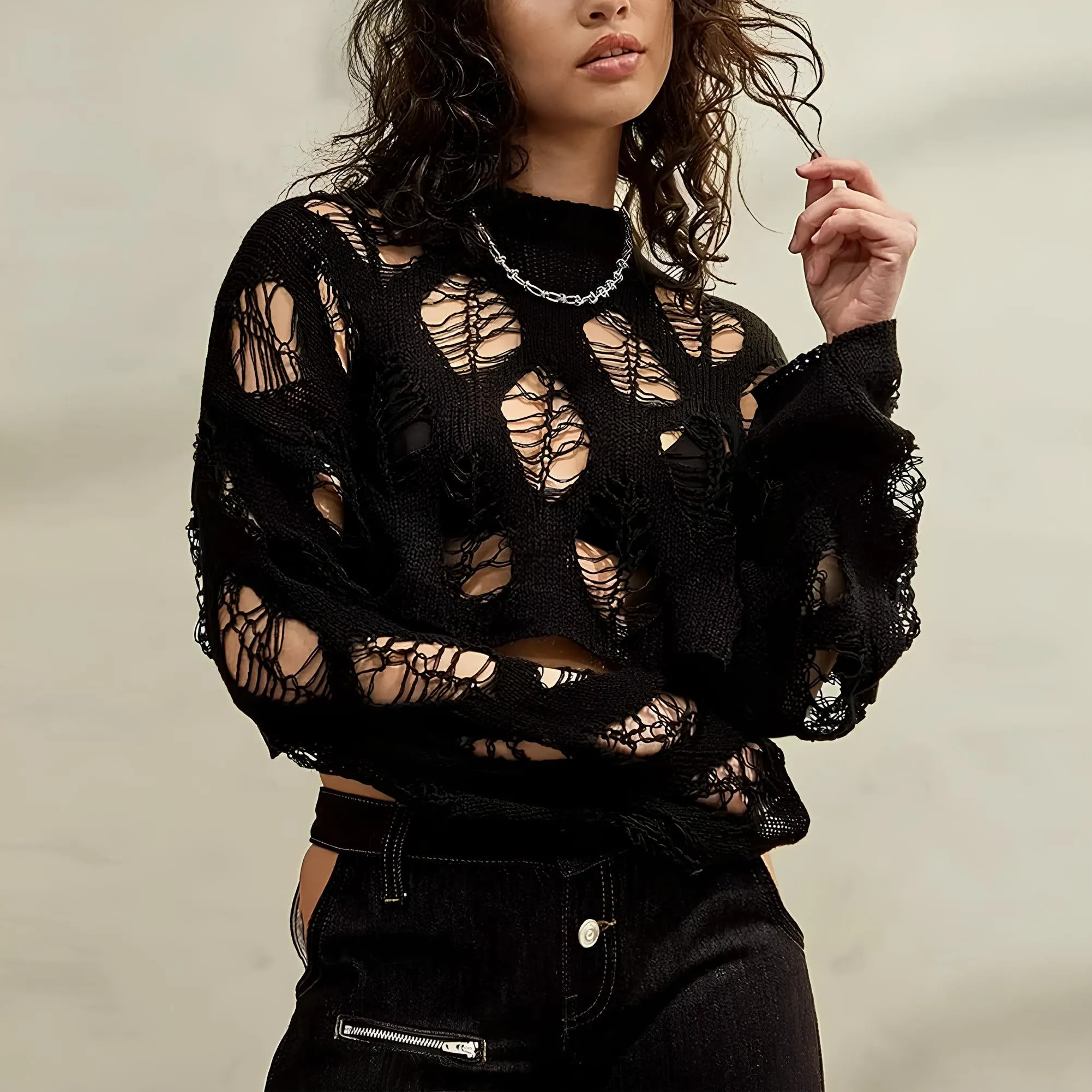 Y2K Rave Hollow Out Crochet Crop Top - Sexy & Trendy Long Sleeve T-Shirt for Women