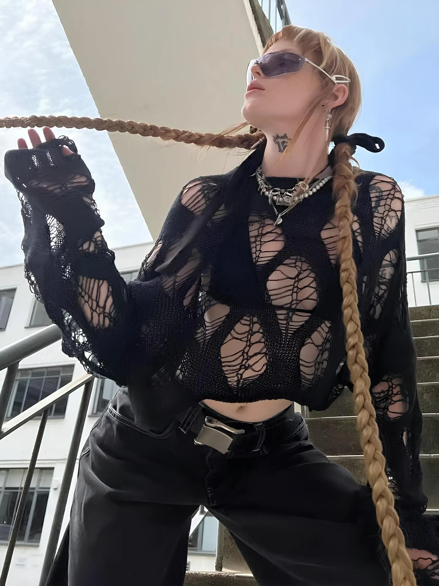 Y2K Rave Hollow Out Crochet Crop Top - Sexy & Trendy Long Sleeve T-Shirt for Women