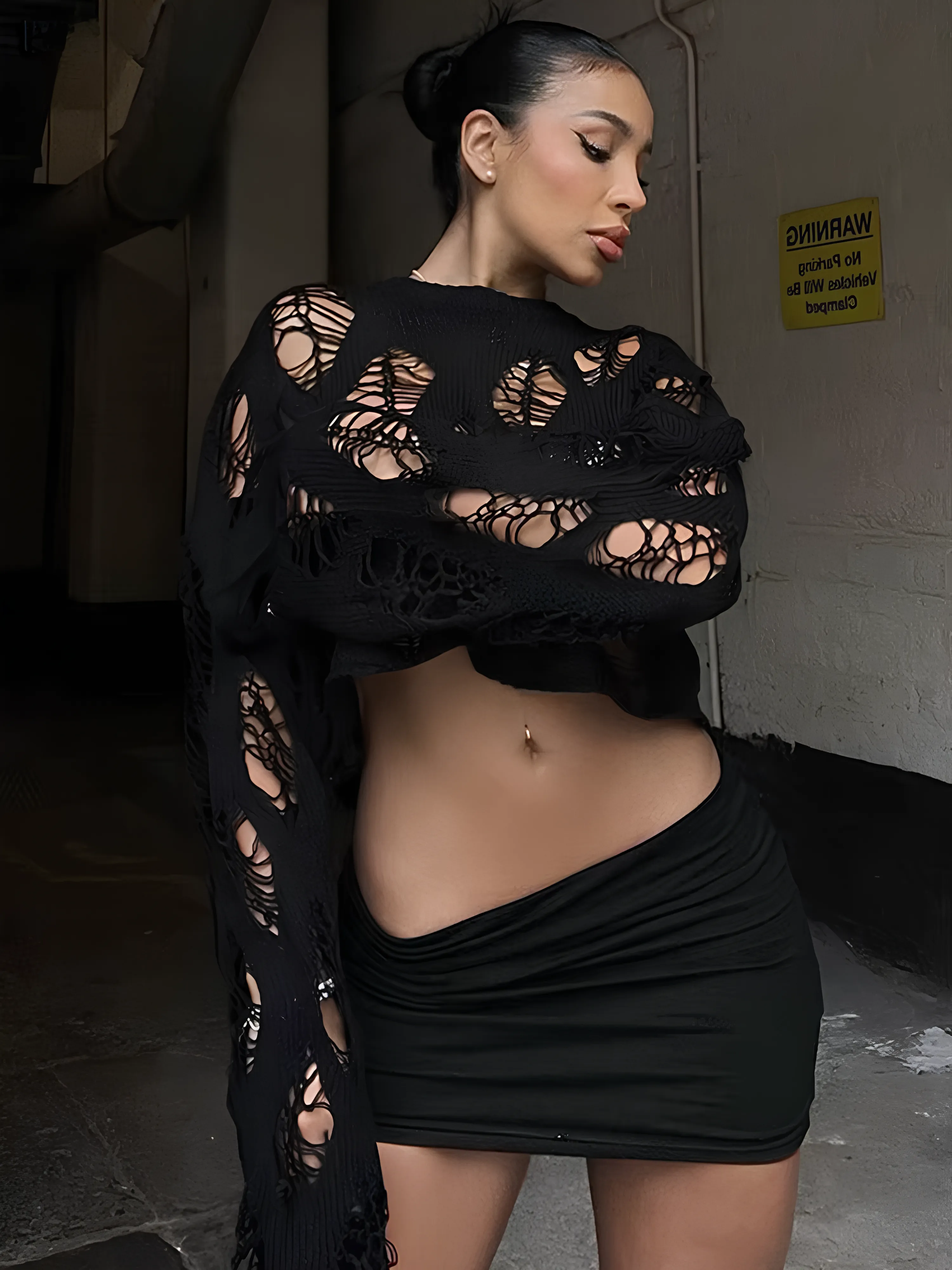 Y2K Rave Hollow Out Crochet Crop Top - Sexy & Trendy Long Sleeve T-Shirt for Women