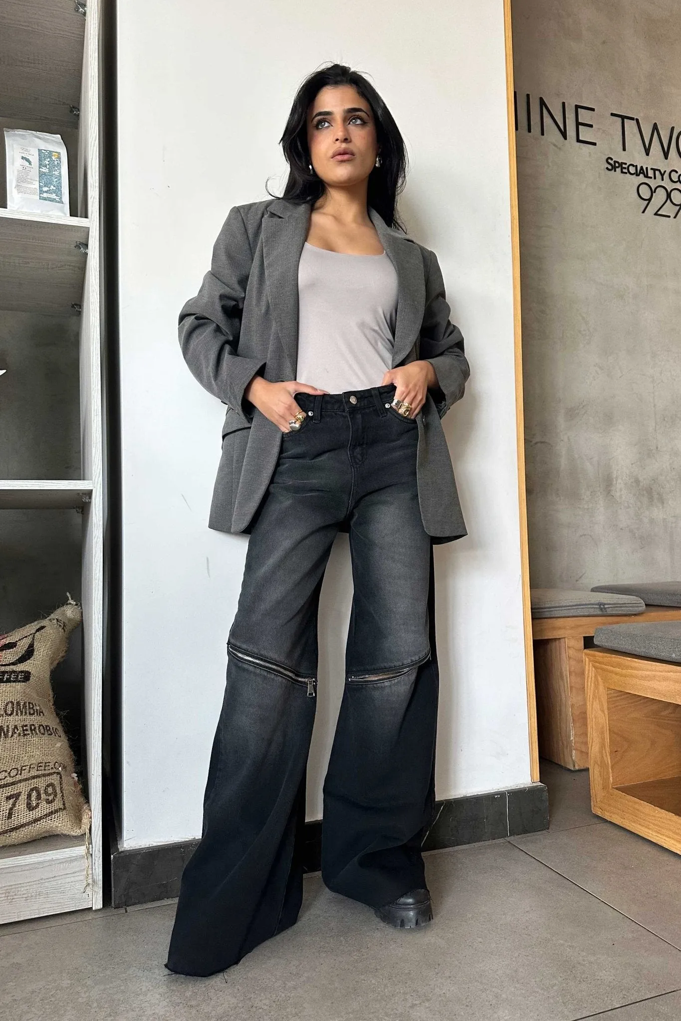 Zipper Knee Wide Leg - Charcoal Black Washed