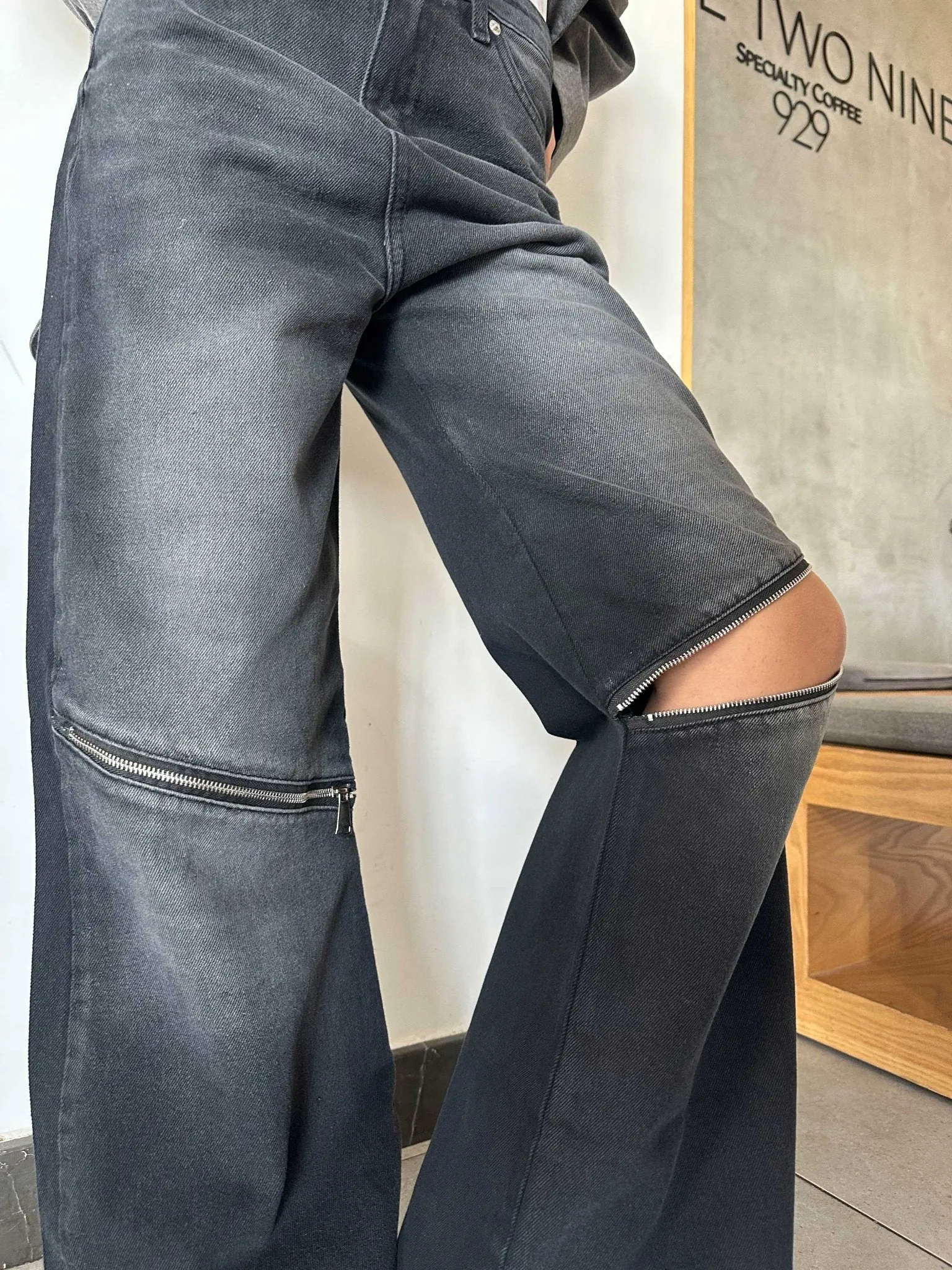 Zipper Knee Wide Leg - Charcoal Black Washed