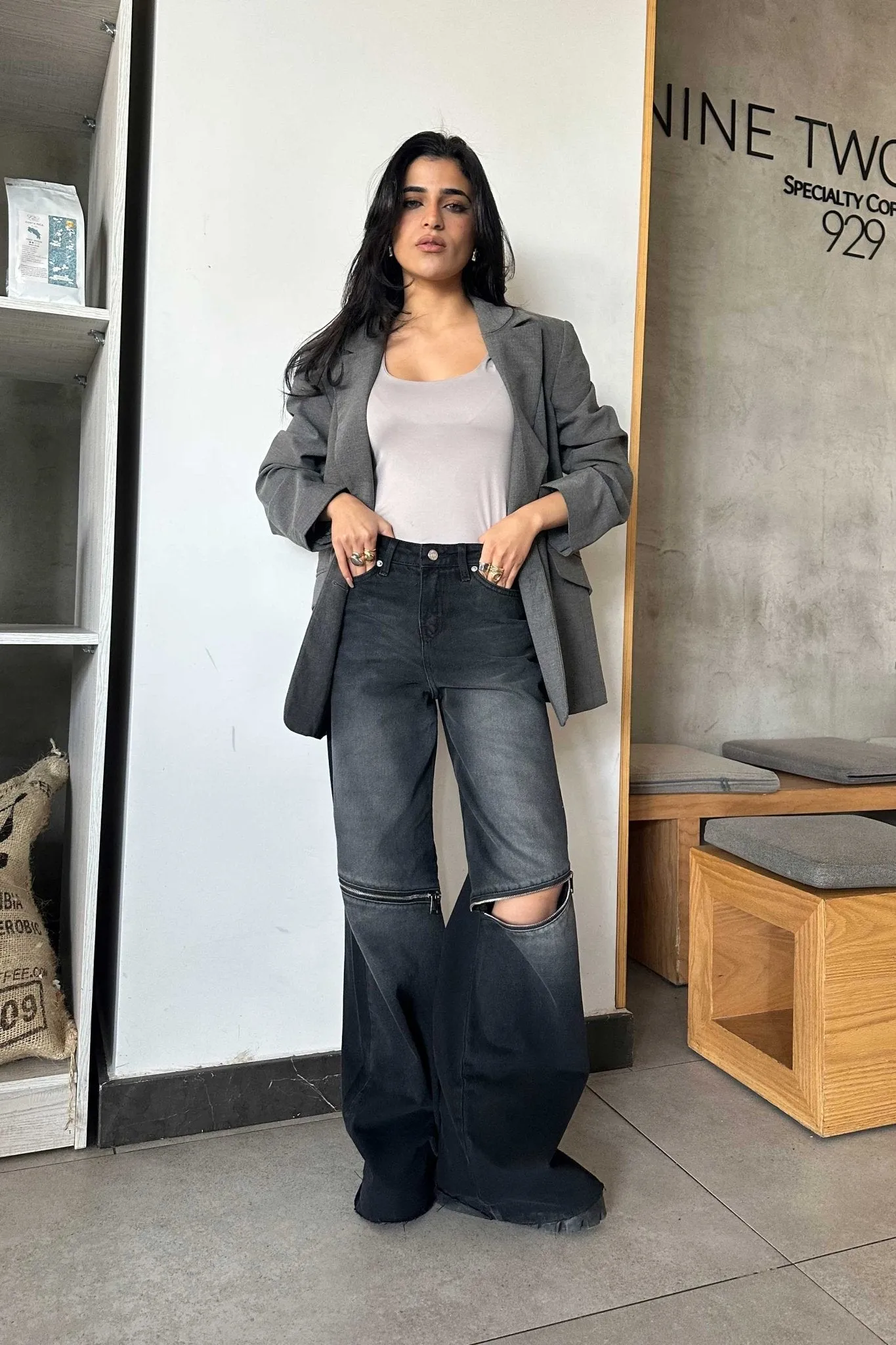 Zipper Knee Wide Leg - Charcoal Black Washed