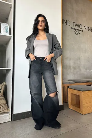 Zipper Knee Wide Leg - Charcoal Black Washed
