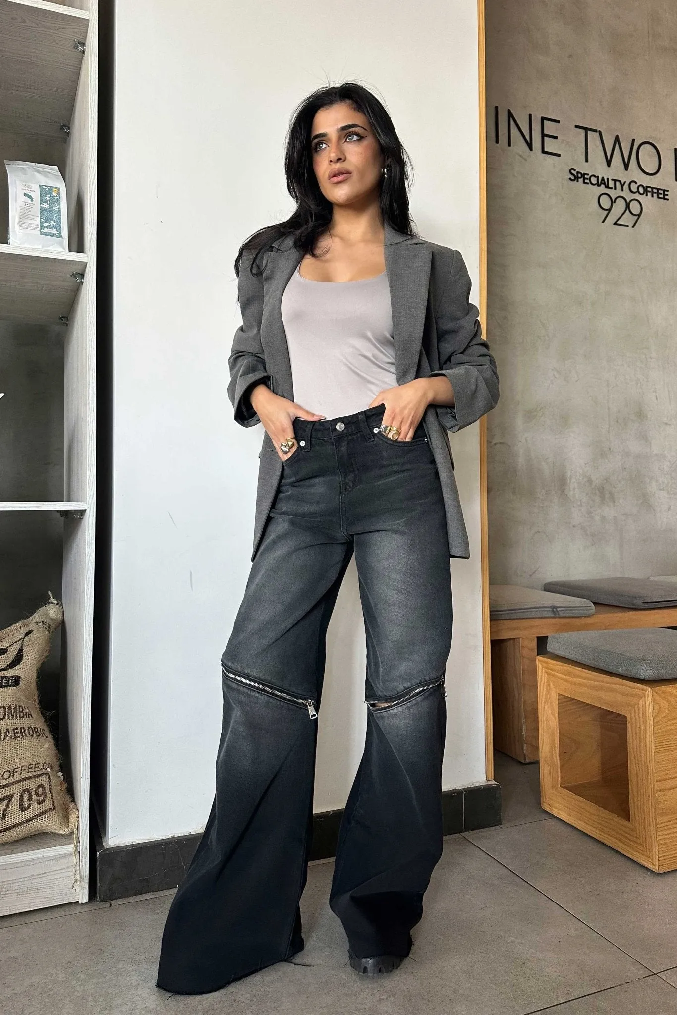 Zipper Knee Wide Leg - Charcoal Black Washed