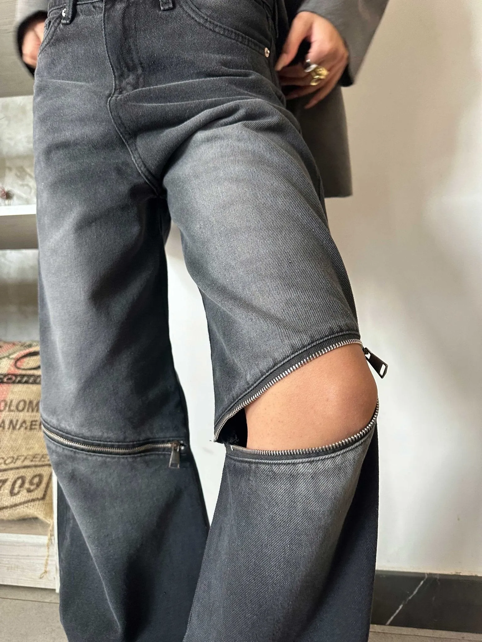 Zipper Knee Wide Leg - Charcoal Black Washed