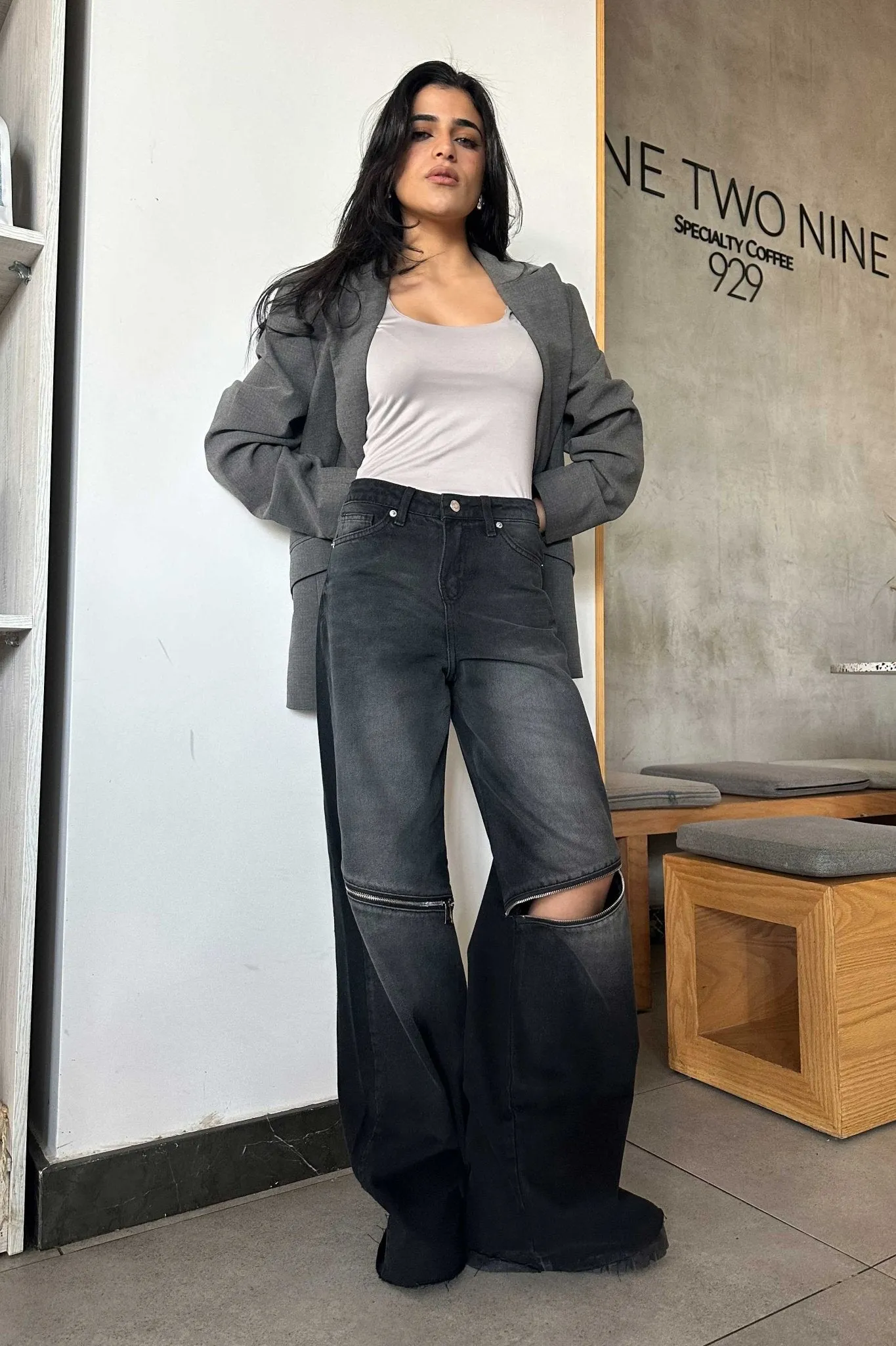 Zipper Knee Wide Leg - Charcoal Black Washed