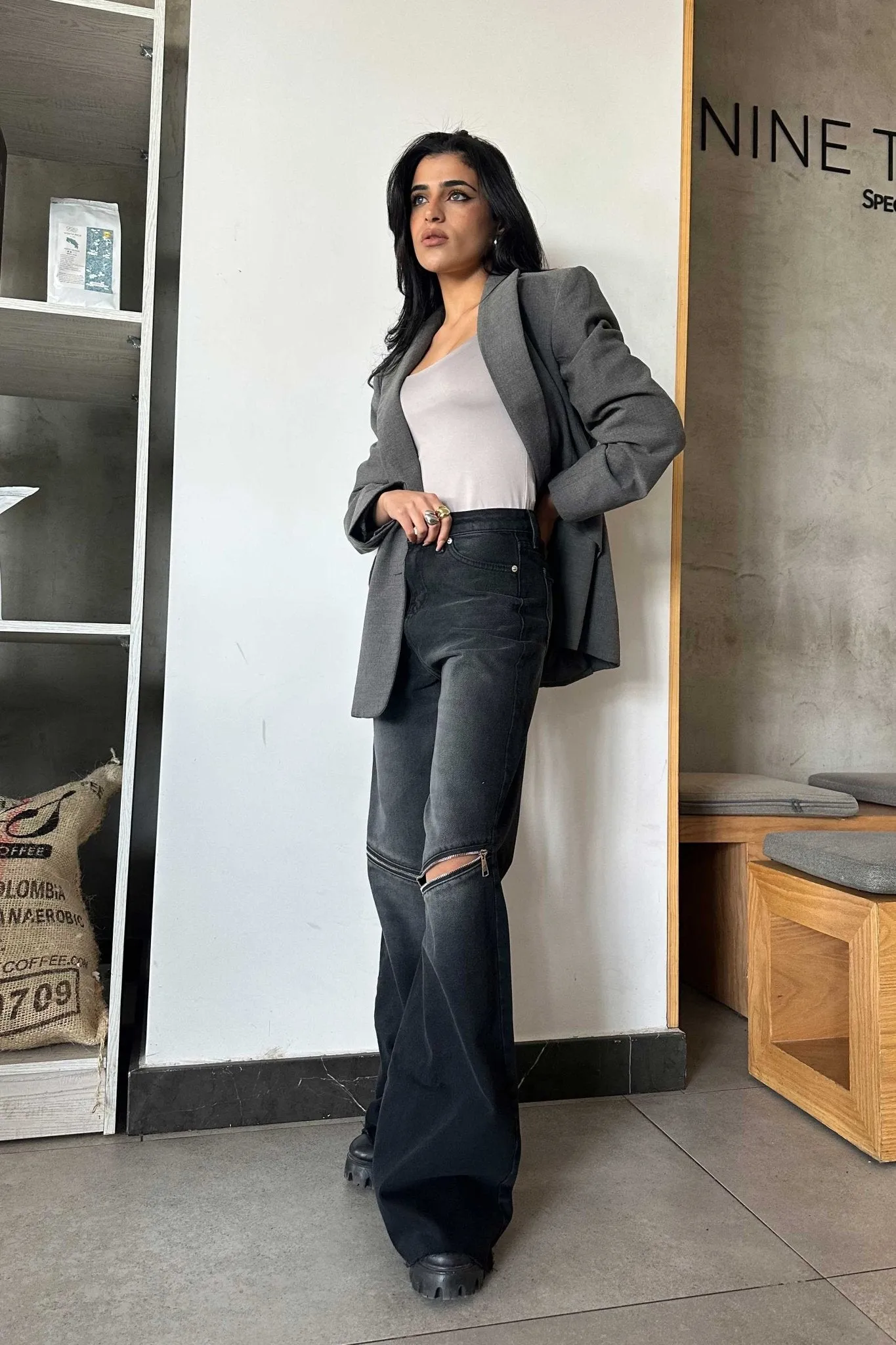 Zipper Knee Wide Leg - Charcoal Black Washed