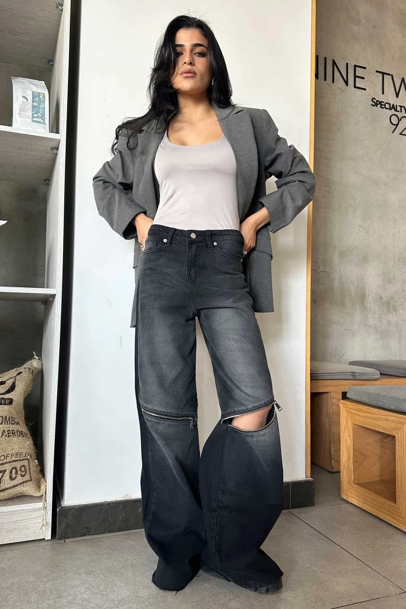 Zipper Knee Wide Leg - Charcoal Black Washed